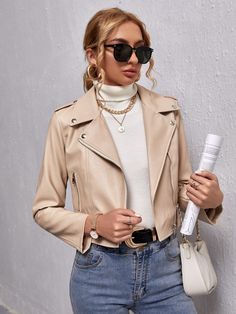 Apricot Casual  Long Sleeve PU Leather Plain Biker  Non-Stretch Fall/Winter Women Outerwear Tan Leather Jacket Outfit, Tan Leather Jacket, Leather Jacket Outfit, Tan Leather Jackets, Teddy Bodysuit, Pu Leather Jacket, Jacket Outfit