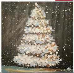 a painting of a white christmas tree on a black background with snow flakes and stars