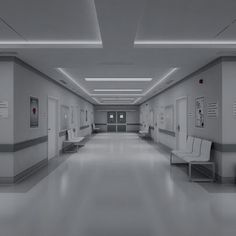 an empty hospital hallway with white chairs and pictures on the walls, in black and white