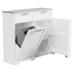 a white cabinet with an open door