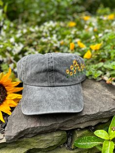 Sunflowers Side Embroidery Cotton Baseball Cap in Distressed Black or Distressed Navy Sunflowers Side Embroidery Cotton Baseball Cap One Size Fits Most Adjustable Strap 100% Cotton Black Embroidered Baseball Cap For Spring, Embroidered Flower Shaped Hat, Embroidered Flower Baseball Cap, One Size, Notebook Bag, Embroidered Cap, Embroidery Cotton, Hair Accessories Jewelry, Instagram Icons, Jean Leggings