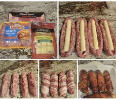 sausages, bratwurst and cheese are laid out on the counter top to be cooked