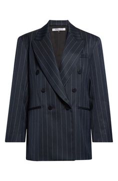 This season, LaQuan Smith gets inspired by the sartorial language of '80s Wall Street and expands his collection with daywear separates like this runway-featured pinstriped blazer. The double-breasted style in an oversized boyfriend silhouette brings the label's signature after-hours attitude to the 9-to-5 style. Double-breasted button closure Peaked lapels Four-button cuffs Chest welt pocket; front welt pockets 100% polyester Dry clean Made in the USA Designer Clothing Formal Striped Outerwear For Spring, Striped Formal Outerwear For Spring, Spring Formal Striped Outerwear, Elegant Spring Blazer With Vertical Stripes, Semi-formal Striped Outerwear For Fall, Spring Formal Pinstripe Outerwear, Spring Pinstripe Formal Outerwear, Striped Outerwear For Semi-formal Fall Occasions, Fall Semi-formal Striped Outerwear