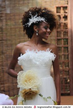 three different pictures of women in wedding dresses and hair accessories, one with flowers on her head