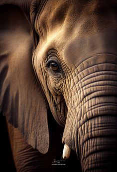 an elephant's eye is shown as it stands close to the camera with its tusks curled up