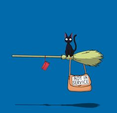 a black cat sitting on top of a broom with a sign that says not in service