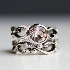 SO elegant.....  Pink morganite engagement ring set - bezel solitaire - recycled sterling silver - filigree wedding band- Wrought ring. $310.00, via Etsy. Morganite Wedding Set, Morganite Ring Set, White Topaz Engagement Ring, Filigree Wedding Band, Pink Morganite Ring, Morganite Engagement Ring Set, Pink Morganite Engagement Ring, Bezel Set Engagement Ring, Unique Engagement Ring Settings