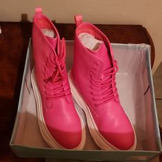 These Boots Are Brand New With Tags / The Color Is A Neon Pink , They Are A Size 9 On The Narrow Side / They Lace Up / And Have A Nice Like Wedge Heel. I Love The Color, But My Foot Is On The Wide Size, Nice Hot Pink Color. But I'm Sure Someone Else Can Enjoy Them. They Also Come With The Box Any Questions Just Ask Thank-You Trendy Flat Boots For Spring, Pink High-top Boots With Lug Sole, High-top Pink Boots With Lug Sole, Trendy High-top Pink Boots, Pink Casual Synthetic Boots, Trendy Pink High-top Boots, Cute Pink Synthetic Boots, Dolls Kill Shoes, Dolls Kill