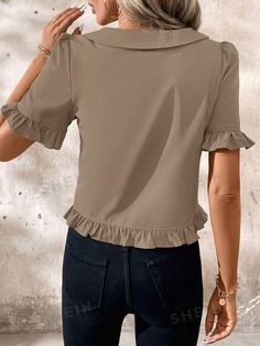 Color:Khaki \nHem Shaped:Flounce \nStyle:Cute \nSleeve Type:Flounce Sleeve \nDetails:Ruffle \nDetails:Frill \nNeckline:Peter Pan Collar \nType:Shirt \nPattern Type:Plain \nSleeve Length:Short Sleeve \nLength:Regular \nFit Type:Regular Fit \nFabric:Non-Stretch \nMaterial:Polyester \nComposition:95% Polyester \nComposition:5% Elastane \nCare Instructions:Machine wash or professional dry clean \nSheer:No \n Ladies Blouse, Elegant Ladies, Flounce Sleeve, Women Blouses, Top Crop, Neck Ruffle, Look Younger, Pan Collar, Peter Pan Collar