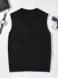 Black Casual  Sleeveless Polyester Plain Pullovers  Slight Stretch Spring/Fall Men Knitwear Black Sweater Vest, Men Knitwear, Korean Fashion Cute, Cable Knit Sweater Vest, Sweater Vest Mens, Vest Men, Knit Sweater Vest, Knitwear Men, Spring Shirts