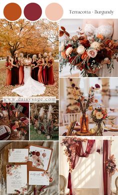 an autumn wedding color palette with burgundy, orange and gold tones for the brides