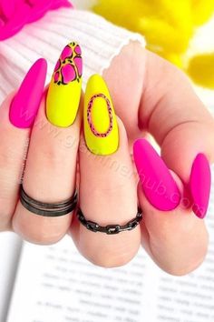 18 Vibrant Neon Nails Ideas: 1. Ombre Swirl 2. Lime French 3. Abstract Art 4. Yellow Glitter 5. Matte Gradient 6. Skittle Dot and more ideas Nails Tips