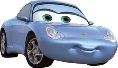 a blue car with big eyes is parked in front of a giant rock