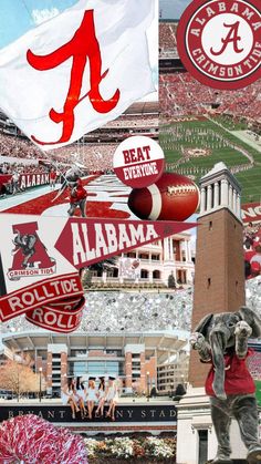 the collage shows many different sports related items, including an elephant statue and stadium banners