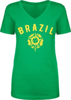 Show your Brazilian pride We prefer to print this design on Next Level's LADIES Ideal T line which is 60% combed ringspun cotton/40% polyester (yes, that is the good soft stuff, not the cheap scratchy kind), but if those are not available from our supplier for the size and color you'd like we will use a comparable brand as a replacement to get you your item as soon as possible with the same quality and feel you've come to expect from Next Level. The design is printed and shipped in the USA. If y Novelty Clothing, No Heat, Sports Fan, Coat Of Arms, Soccer Jersey, Sizing Chart, Womens Clothing Tops, Brazil, Cold Water