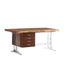 a wooden desk with metal legs and drawers