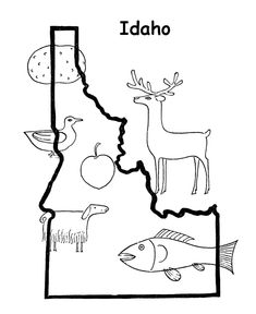 the state of idaho with animals and birds on it's map, outlined in black and white