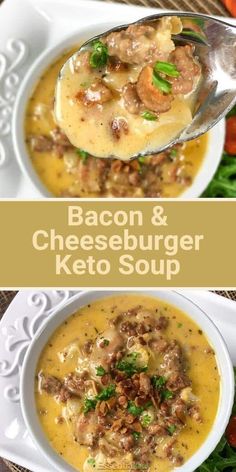 bacon and cheeseburger keto soup in a white bowl with a spoon on the side