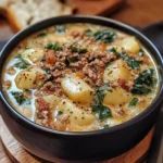 a bowl of soup with meat and spinach in it sitting on a wooden board