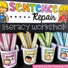 several buckets filled with different types of writing materials and the words'sentence repair '