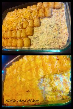 two pictures of different types of food in pans, one with tater tots and the other with cheese