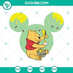 winnie the pooh with honey pot and stars on it, in front of a green background