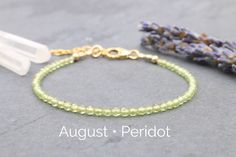 "Dazzling, faceted green Peridot beads create a minimalist yet sophisticated piece of gemstone jewelry. This bracelet is delicate yet made for everyday wear. This simple and dainty beaded gemstone bracelet features a light shade of green and is the perfect gift for an August birthday.  Gemstones ranges from 3mm to 4mm depending on supplier availability. .: G E M S T O N E :. Peridot .:. A powerful aura protector and cleanser, Peridot was believed in ancient times to keep away evil spirits. It is Birthday Gemstones, Peridot Bracelet, August Birthday, August Birthstone, Jewelry Beaded, Birthstone Bracelets, Bracelet Sterling Silver, Green Peridot, Light Shade