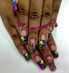 Puzzled...at www.nailartistberlinda.com Rockstar Nails, Wave Nails, Neon Acrylic Nails, Vegas Nails, Candy Nails, Abstract Nails, Diamond Nail Art, Fancy Nails Designs, Colorful Nails