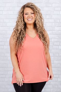 Chic Soul plus size clothing, deep coral v-neck tank top Pink Stretch Tank Top For Everyday, Versatile Pink Stretch Tank Top, Spring Stretch Orange Tank Top, Orange Stretch Tank Top For Spring, Versatile Pink Tank Top For Summer, Versatile Pink Summer Tank Top, Pink Versatile Summer Tank Top, Pink Tank Top For Everyday Spring Wear, Spring Pink Everyday Tank Top