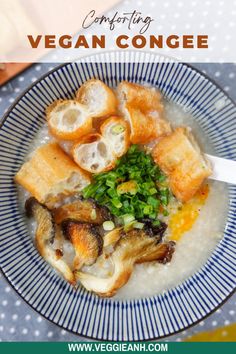 a blue and white plate topped with food