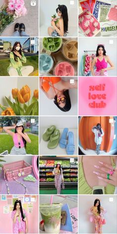 the collage shows many different images of women in pink and green outfits, with flowers on