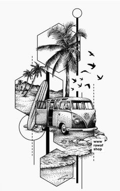 a black and white drawing of a van parked in front of a palm tree on the beach