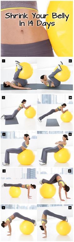 a woman doing yoga poses with yellow balls in front of her and the words shrink your belly into days