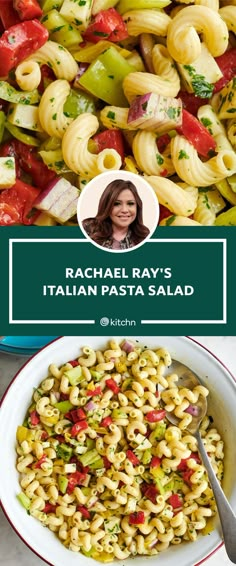 the cover of rachel ray's italian pasta salad is shown in front of an image of