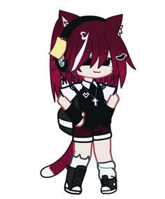 an anime character with red hair and black clothes, holding a cat's tail