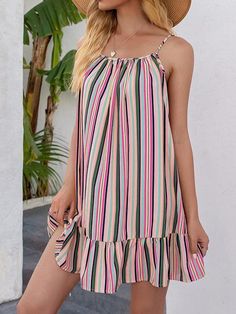 rainbow dress summer dress women sundresses womens women's dresses cute women's dresses ruffled dress Striped Print Dresses, Sundresses Women, Rainbow Dress, Flirty Dresses, Dress Stores Online, Suspender Dress, Ruffle Hem Dress, Diy Blouse, Hem Dress