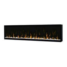 an electric fireplace with flames on the side and black frame, in front of a white background