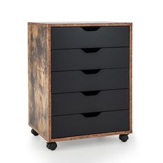 a black drawer with five drawers and wheels on the bottom, in front of a white background