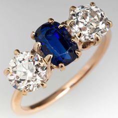 Victorian Era Blue Sapphire & Old European Cut Diamond 3-Stone Ring Antique Cocktail Ring, Light Blue Sapphire, 2nd Wedding, Blue Sapphire Engagement Ring, Antique Diamond Rings, 3 Stone Rings, Unique Diamond Rings, Sapphire Engagement Ring Blue, Diamond Jewelry Designs