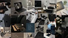 a collage of photos with laptops, books and other items on it's surface