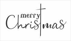 the words merry christmas written in black ink on a white background with a cross above it