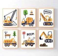 four framed pictures with construction vehicles on them