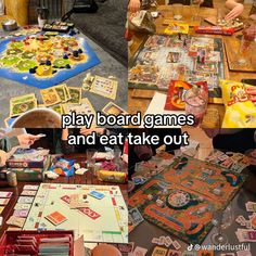 people playing board games and eat take out at a table with other items on it