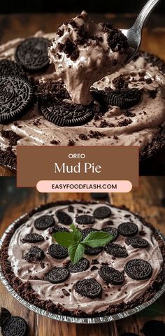 an oreo mud pie on a wooden table with the title overlaying it