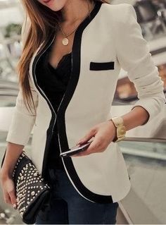 Black and white collarless blazer fashion style | Women Fashion Galaxy Rocker Girl, Slim Suit, Style Blazer, Suit Coat, Pretoria, Business Suit, Business Attire