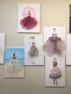 there are many pictures on the wall with different dresses and hair styles in each photo