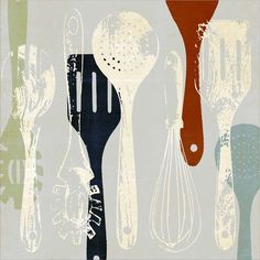 an image of kitchen utensils with grungy paint on them, including spoons and spatulas