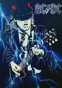 a man playing an electric guitar in front of a blue background with lightning and the words ac / dc on it