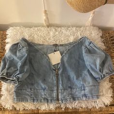 It’s Cute&Stylish, Pair With Just About Anything Casual Spring Tops With Zipper Closure, Summer Denim Tops With Zipper Closure, Denim Zipper Closure Top For Summer, Blue Casual Top With Zipper Closure, Casual Blue Top With Zipper Closure, Summer Denim Top With Zipper Closure, Trendy Denim Tops With Zipper Closure, Cropped Denim Top With Pockets, Relaxed Fit, Denim Crop Top