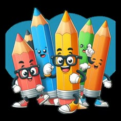 cartoon pencils with funny faces and glasses holding up their hands in front of them